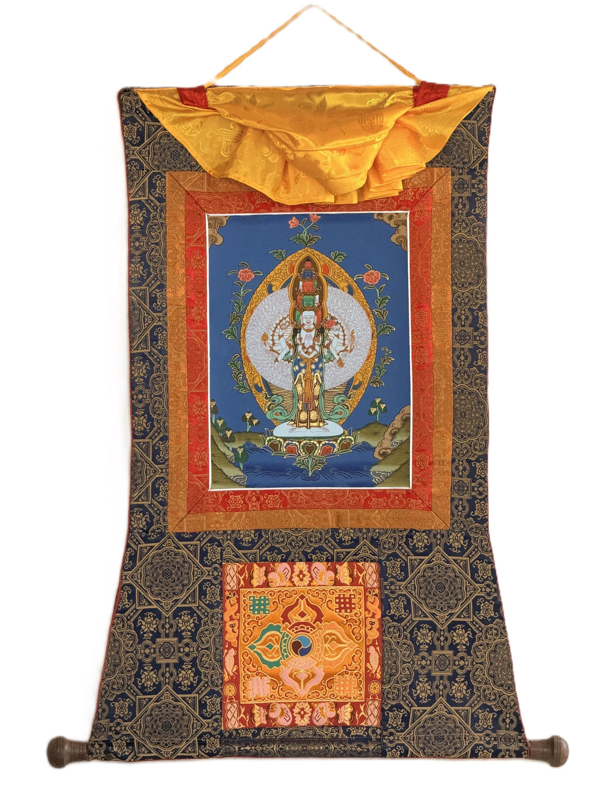 1000 Armed Avalokiteshvara Thangka with Silk Brocade | Sahasrabhuja Chenrezig Buddhist Compassion Art | Hand Painted Nepal