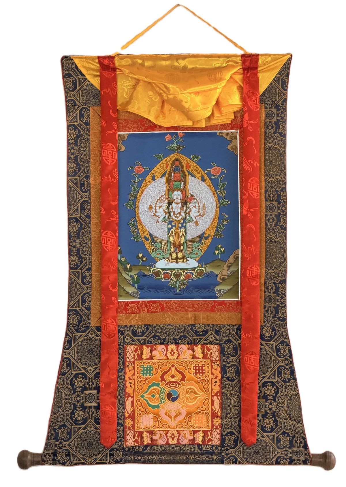 1000 Armed Avalokiteshvara Thangka with Silk Brocade | Sahasrabhuja Chenrezig Buddhist Compassion Art | Hand Painted Nepal