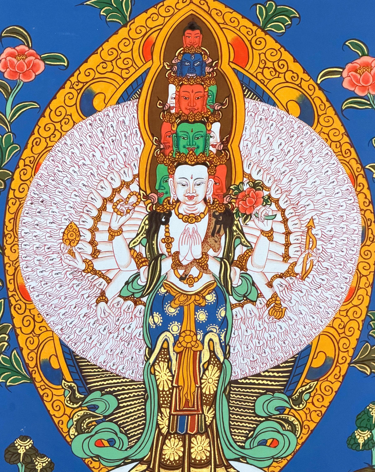 1000 Armed Avalokiteshvara Thangka with Silk Brocade | Sahasrabhuja Chenrezig Buddhist Compassion Art | Hand Painted Nepal
