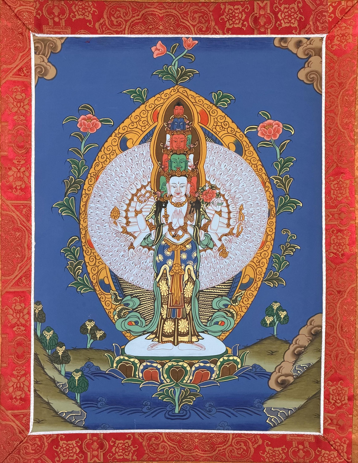 1000 Armed Avalokiteshvara Thangka with Silk Brocade | Sahasrabhuja Chenrezig Buddhist Compassion Art | Hand Painted Nepal