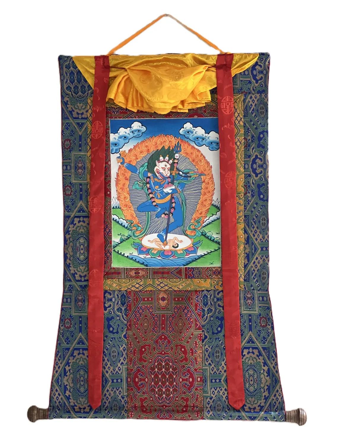 Simhamukhi Thangka Painting: Lion Face Dakini, Tibetan Buddhist Art with Silk Brocade