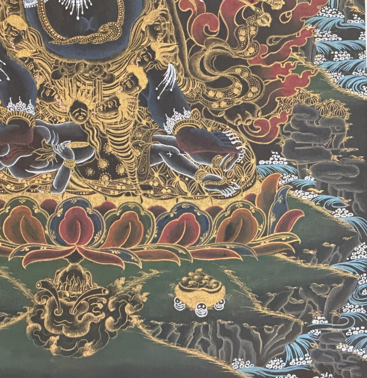 Six-Armed Black Mahakala Thangka | Tibetan Buddhist Protector Painting | Silk Brocade Wall Art | Hand-Painted in Nepal