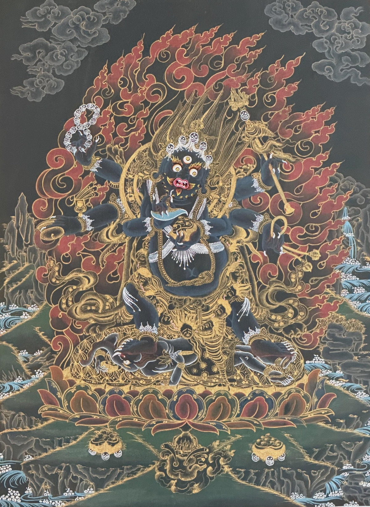 Six-Armed Black Mahakala Thangka | Tibetan Buddhist Protector Painting | Silk Brocade Wall Art | Hand-Painted in Nepal