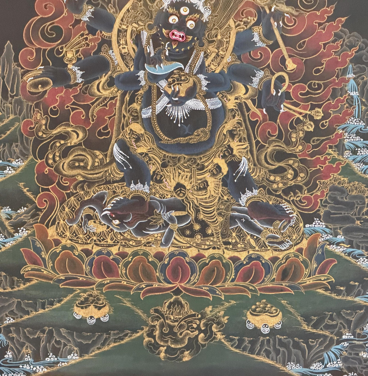 Six-Armed Black Mahakala Thangka | Tibetan Buddhist Protector Painting | Silk Brocade Wall Art | Hand-Painted in Nepal
