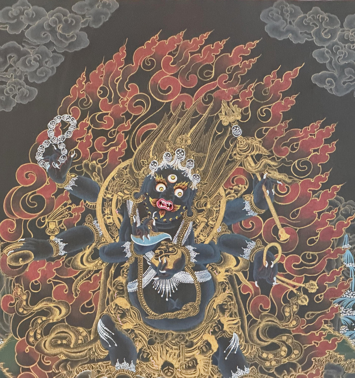 Six-Armed Black Mahakala Thangka | Tibetan Buddhist Protector Painting | Silk Brocade Wall Art | Hand-Painted in Nepal