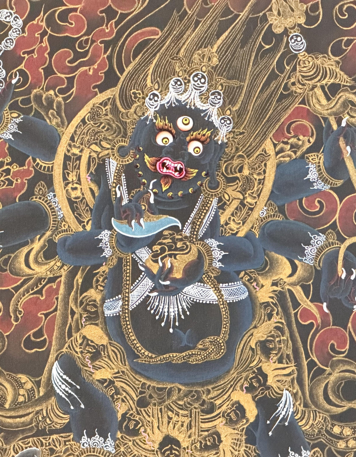 Six-Armed Black Mahakala Thangka | Tibetan Buddhist Protector Painting | Silk Brocade Wall Art | Hand-Painted in Nepal