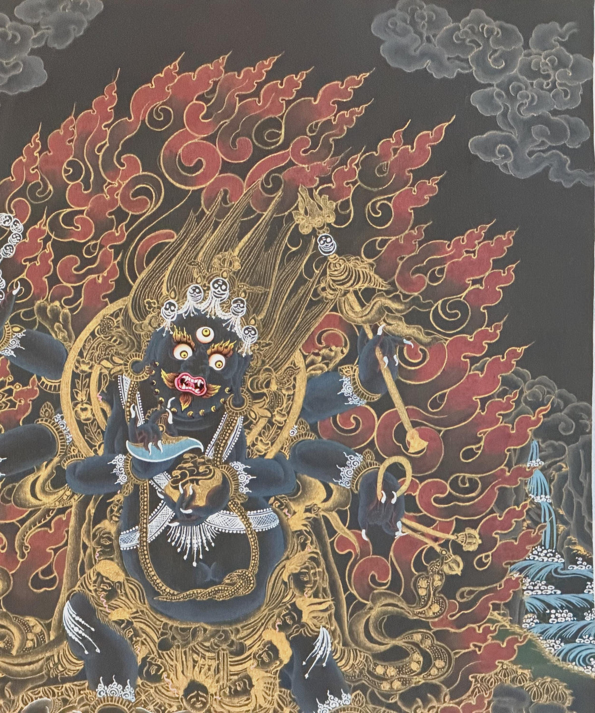 Six-Armed Black Mahakala Thangka | Tibetan Buddhist Protector Painting | Silk Brocade Wall Art | Hand-Painted in Nepal