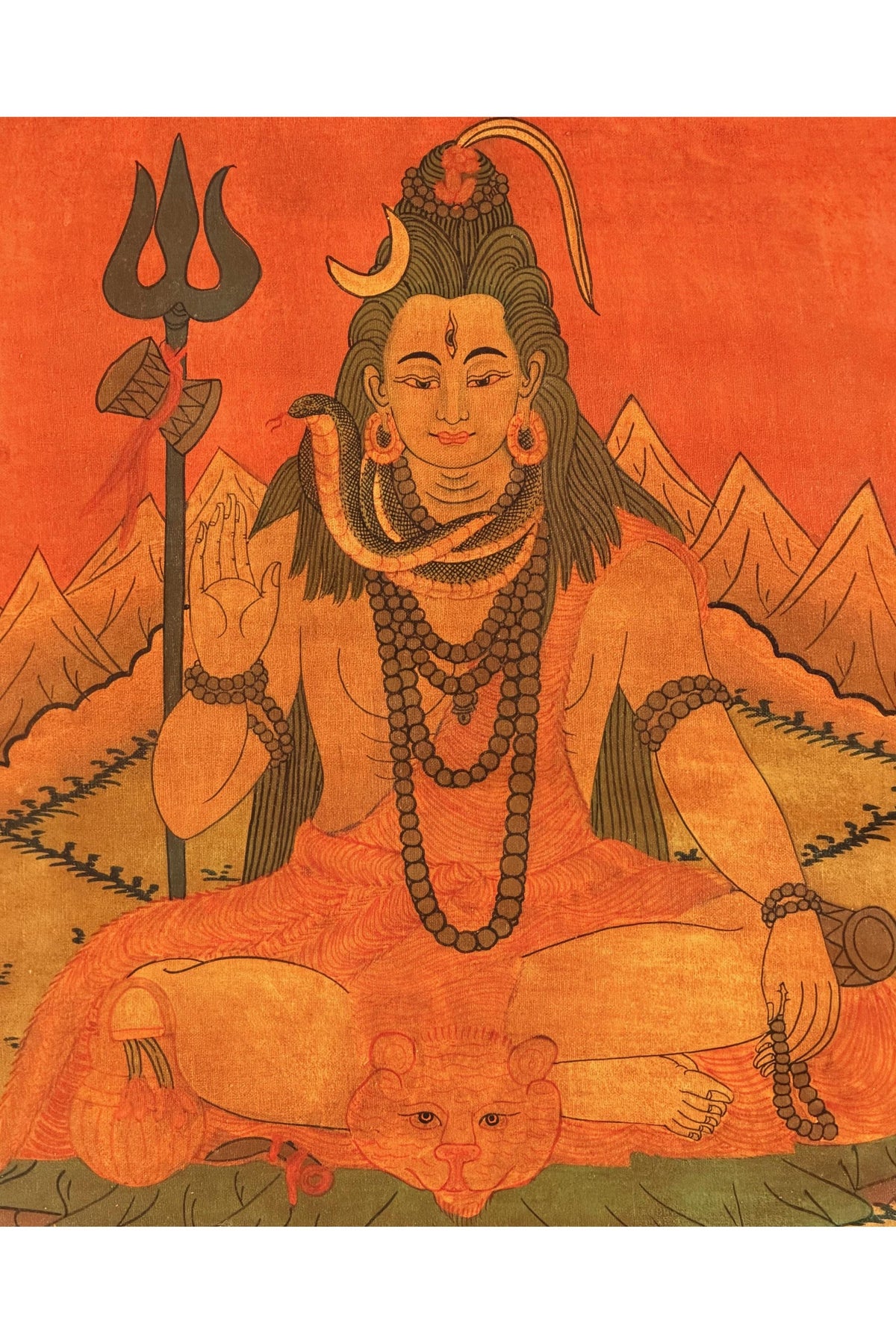 Oil-Varnished Lord Shiva Thangka, Mahadeva Hindu Painting with Silk Brocade, Hand-Painted in Nepal