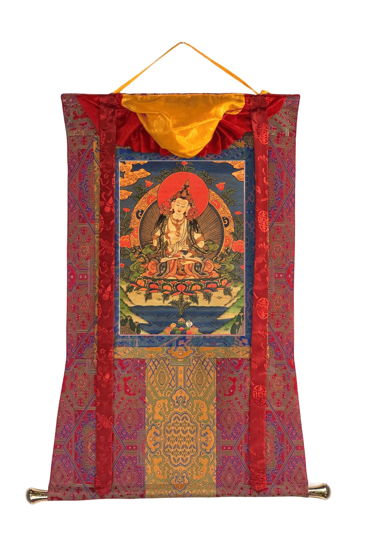 Oil-Varnished Vajrasattva Thangka, Dorje Sempa Tibetan Buddhist Purification Art with Silk Brocade, Hand-Painted in Nepal