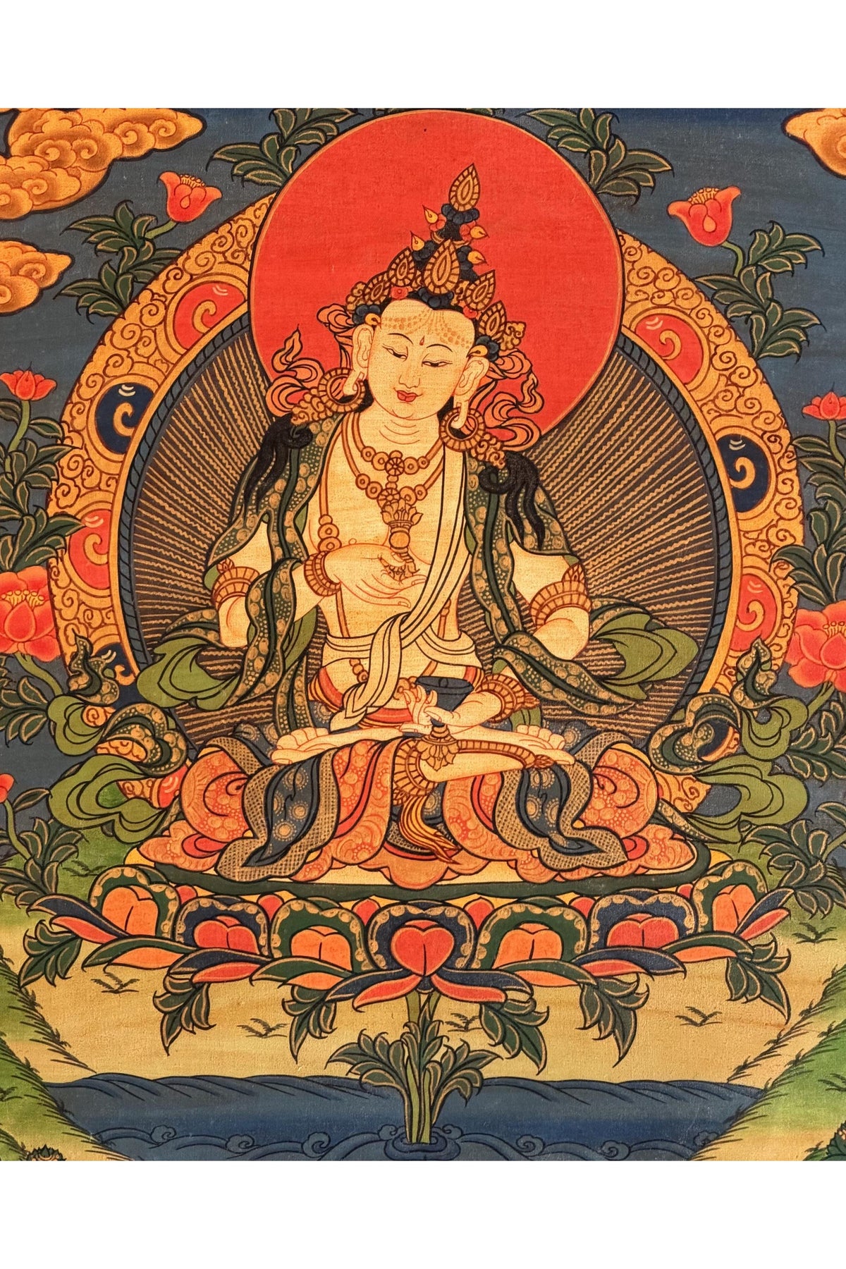 Oil-Varnished Vajrasattva Thangka, Dorje Sempa Tibetan Buddhist Purification Art with Silk Brocade, Hand-Painted in Nepal