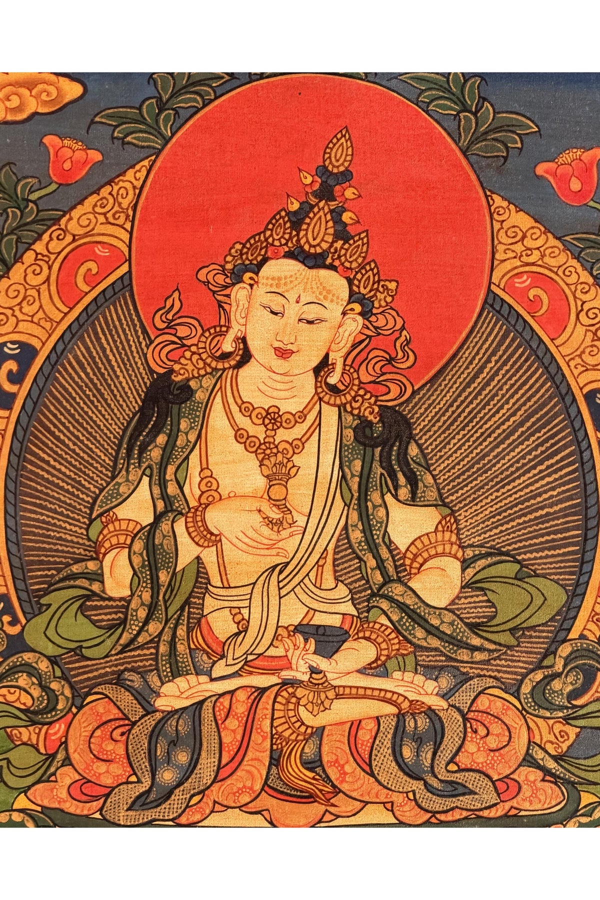 Oil-Varnished Vajrasattva Thangka, Dorje Sempa Tibetan Buddhist Purification Art with Silk Brocade, Hand-Painted in Nepal