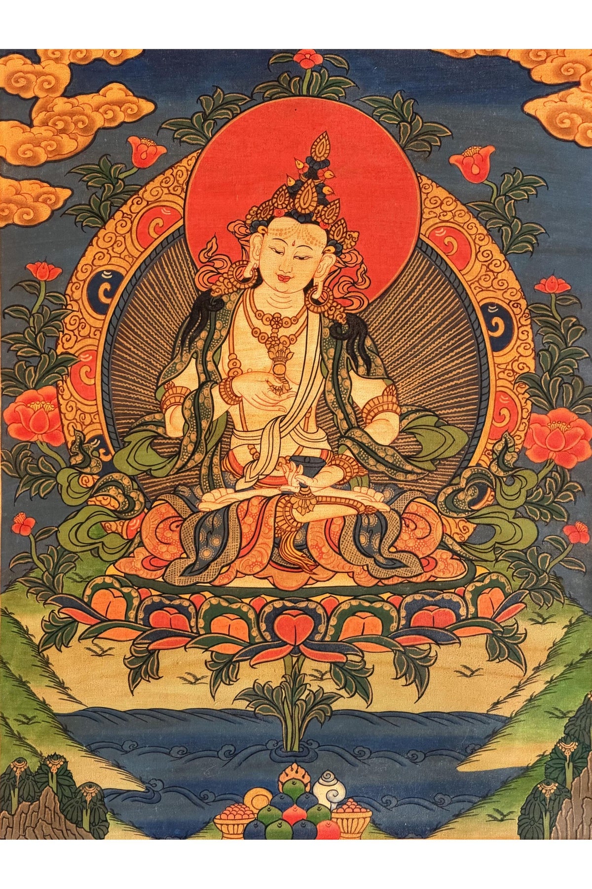 Oil-Varnished Vajrasattva Thangka, Dorje Sempa Tibetan Buddhist Purification Art with Silk Brocade, Hand-Painted in Nepal