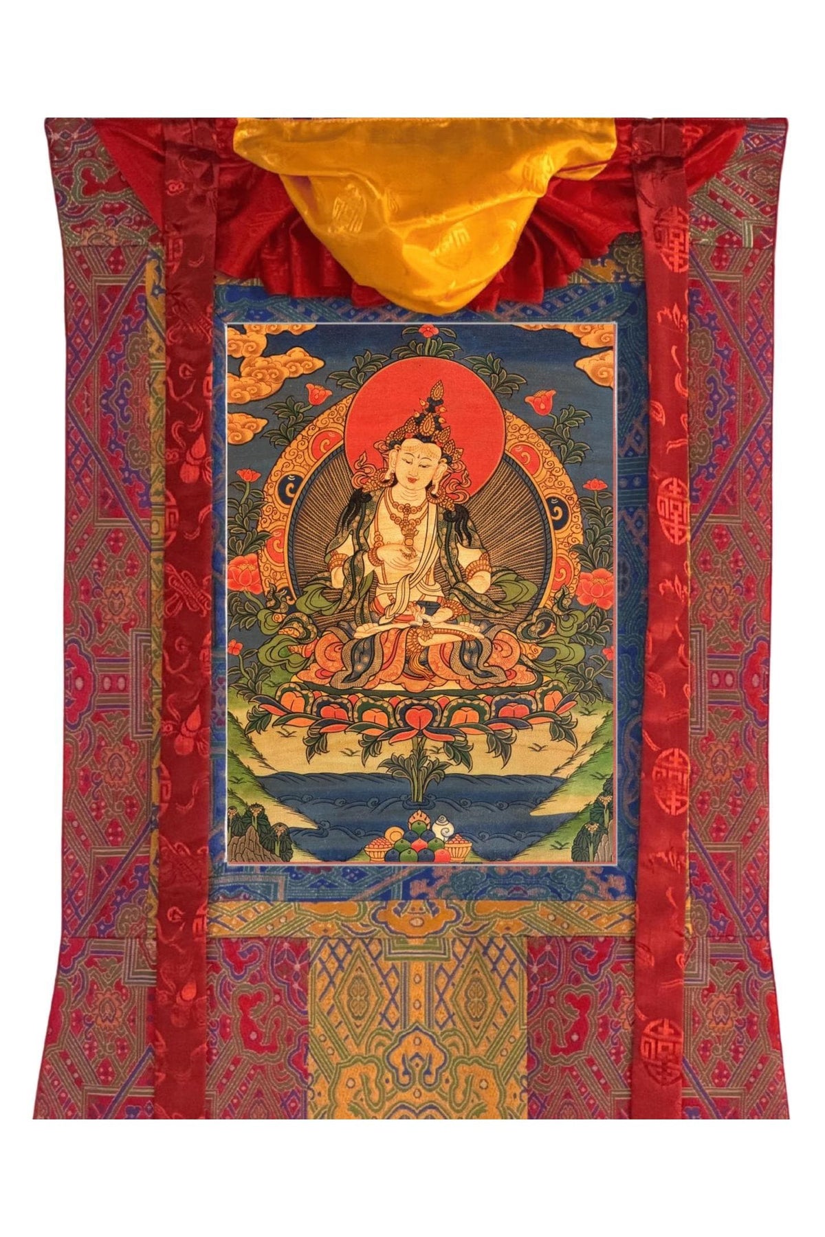 Oil-Varnished Vajrasattva Thangka, Dorje Sempa Tibetan Buddhist Purification Art with Silk Brocade, Hand-Painted in Nepal