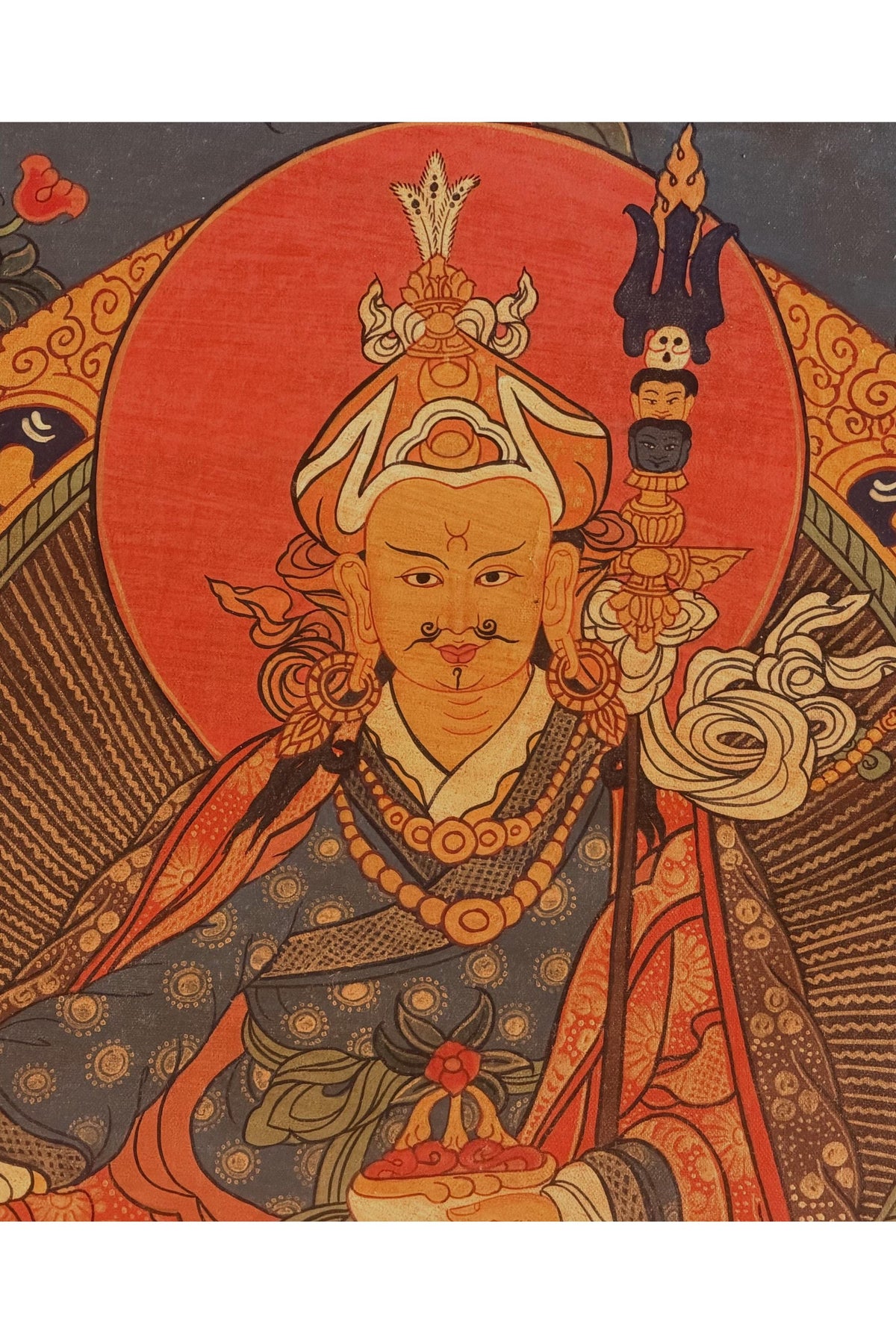 Oil-Varnished Guru Rinpoche Thangka, Padmasambhava Tibetan Buddhist Art with Silk Brocade, Hand-Painted in Nepal