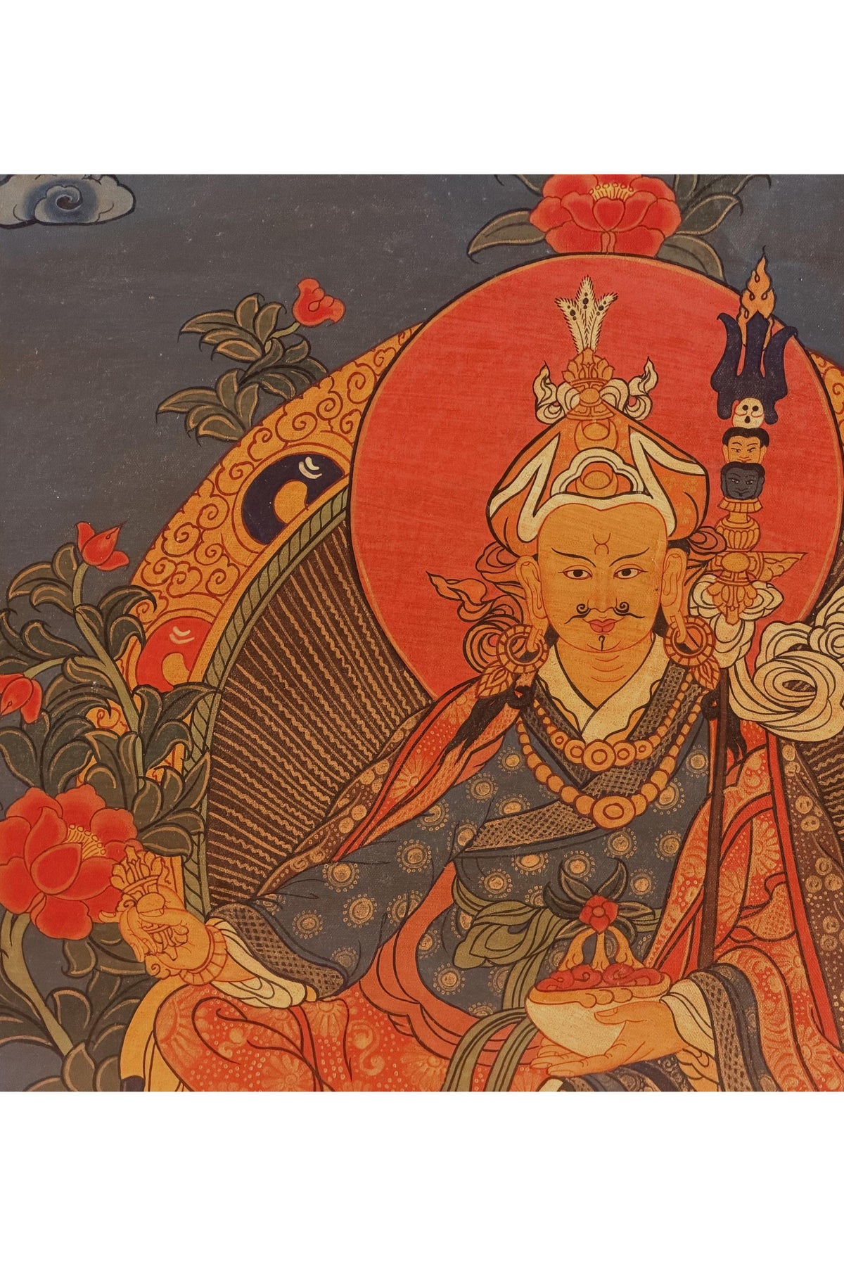 Oil-Varnished Guru Rinpoche Thangka, Padmasambhava Tibetan Buddhist Art with Silk Brocade, Hand-Painted in Nepal