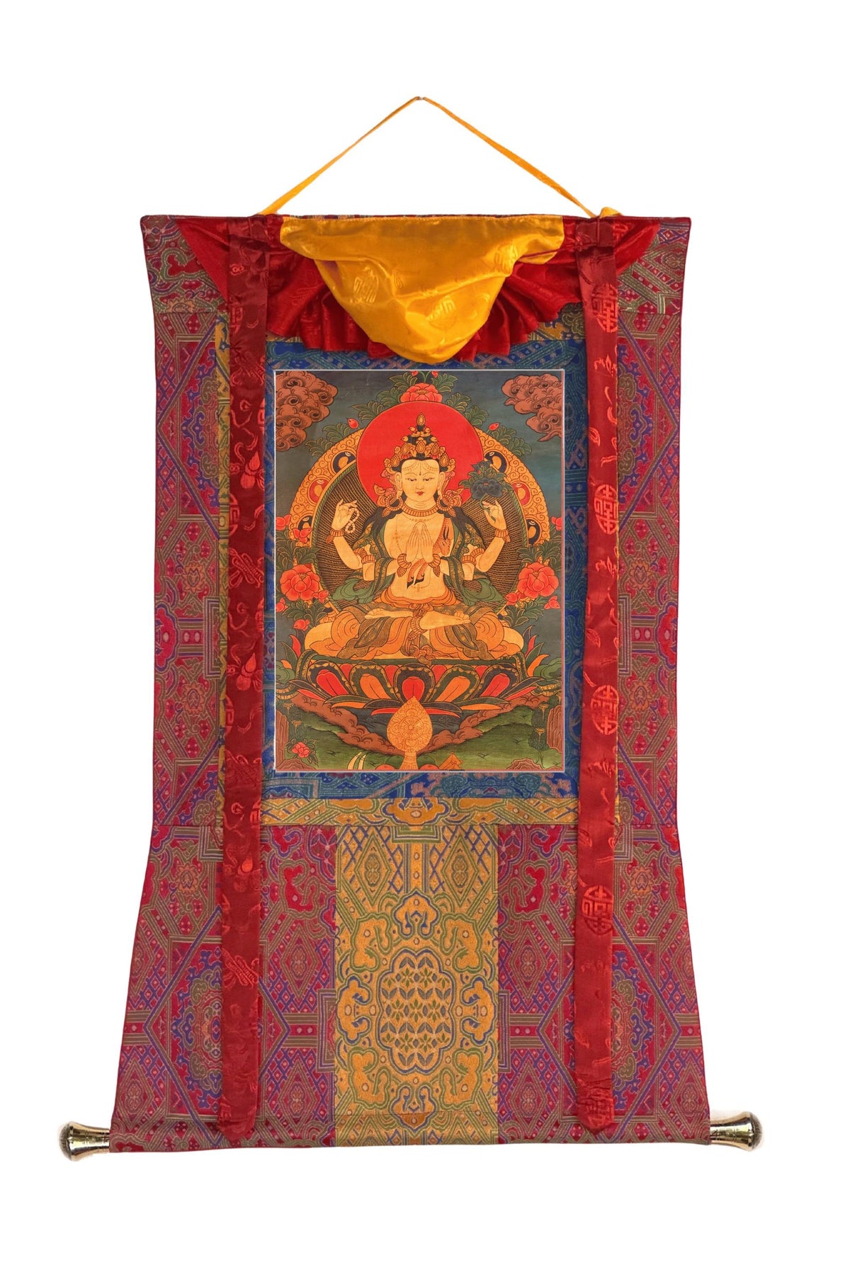 Oil-Varnished Four-Armed Chenrezig Thangka, Avalokiteshvara Tibetan Buddhist Art with Silk Brocade