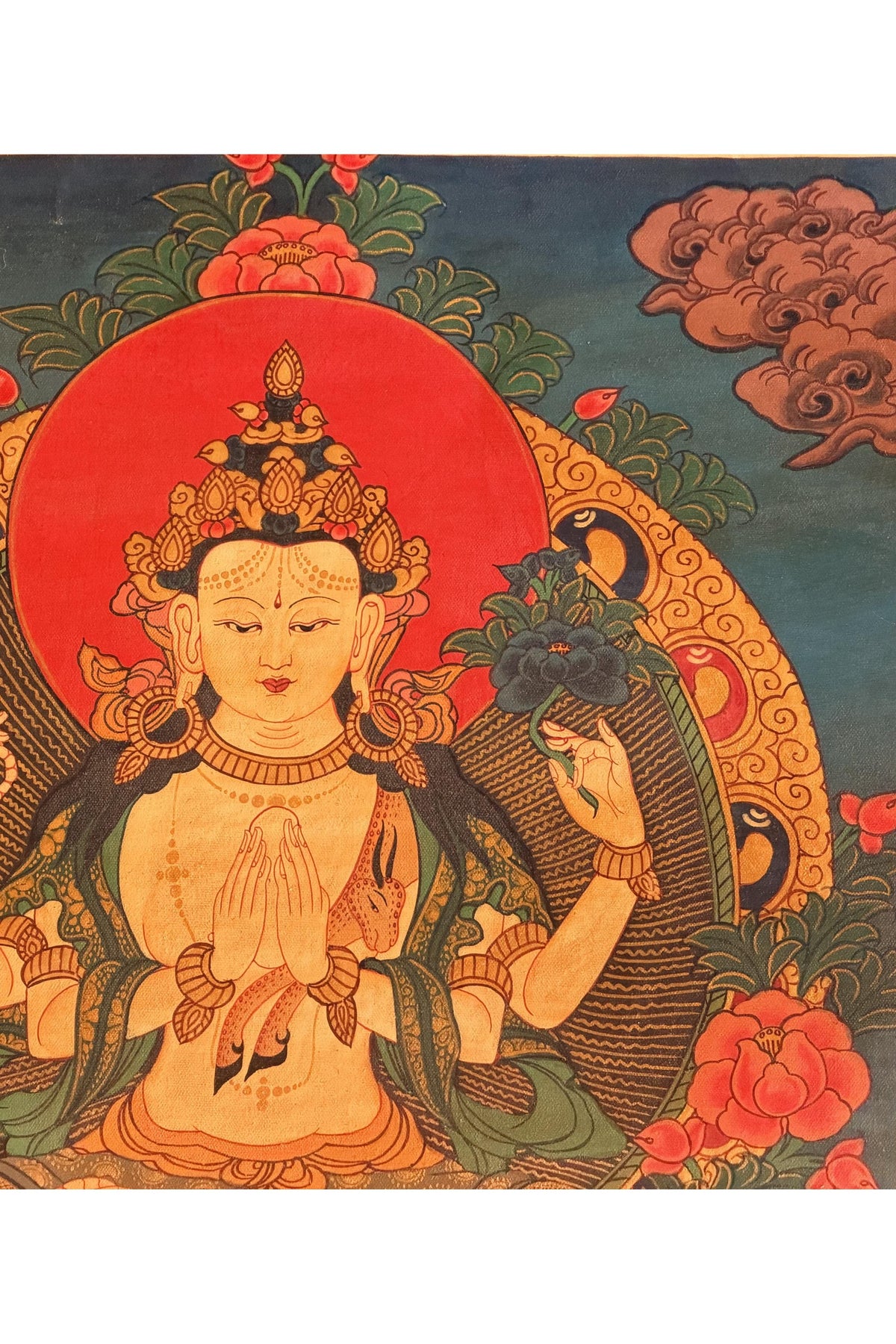 Oil-Varnished Four-Armed Chenrezig Thangka, Avalokiteshvara Tibetan Buddhist Art with Silk Brocade