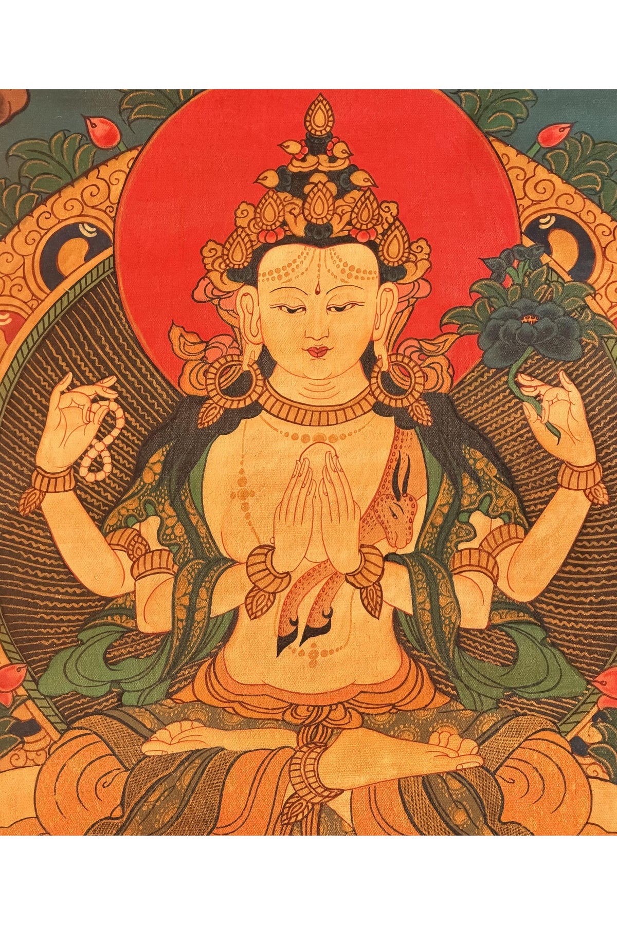 Oil-Varnished Four-Armed Chenrezig Thangka, Avalokiteshvara Tibetan Buddhist Art with Silk Brocade