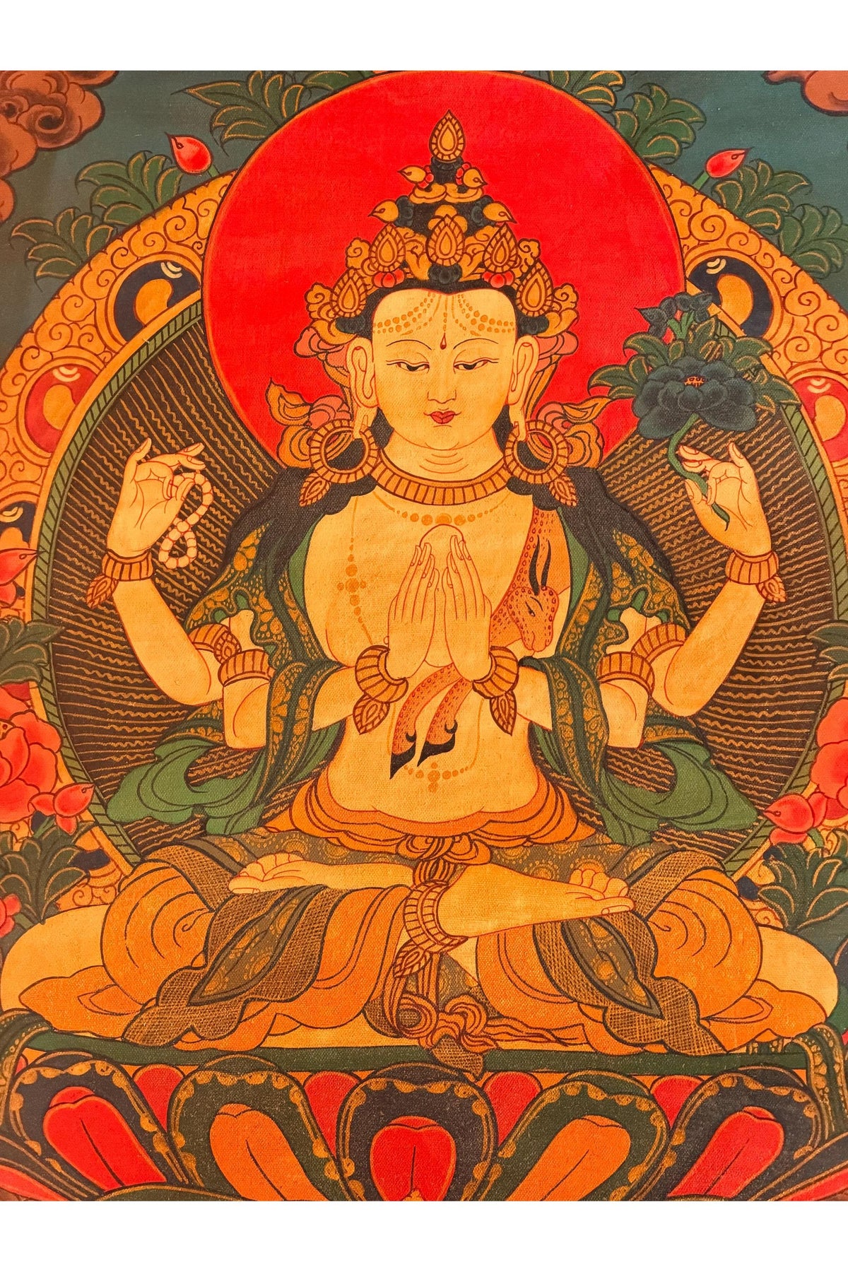 Oil-Varnished Four-Armed Chenrezig Thangka, Avalokiteshvara Tibetan Buddhist Art with Silk Brocade