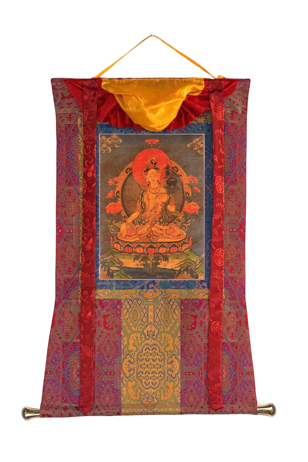 Semi-Old White Tara Thangka, Oil-Varnished Tibetan Buddhist Painting with Silk Brocade, Hand-Painted in Nepal