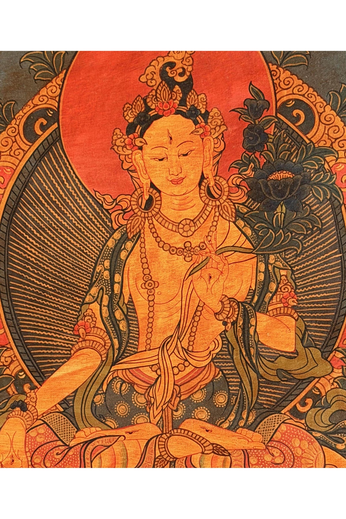 Semi-Old White Tara Thangka, Oil-Varnished Tibetan Buddhist Painting with Silk Brocade, Hand-Painted in Nepal