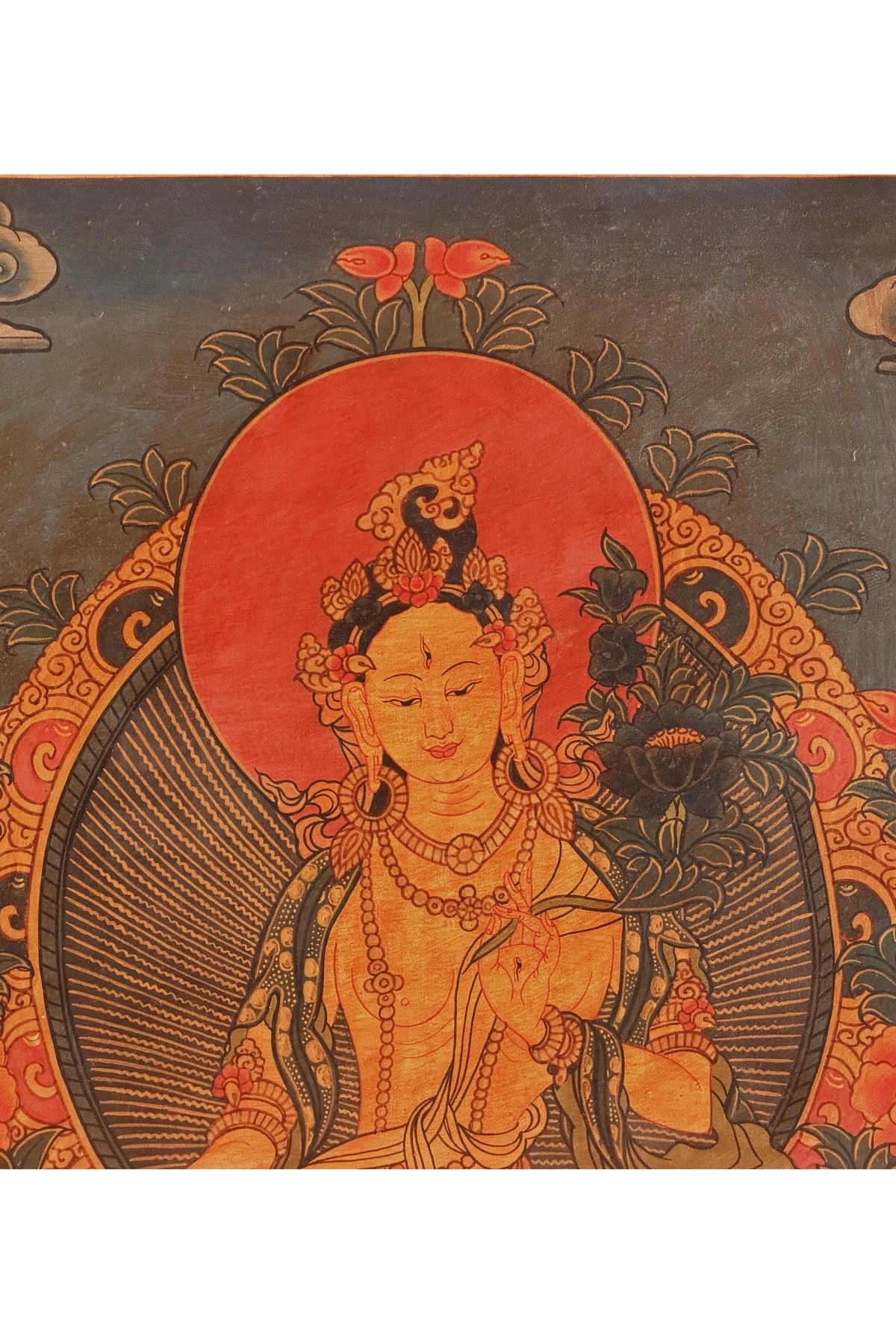 Semi-Old White Tara Thangka, Oil-Varnished Tibetan Buddhist Painting with Silk Brocade, Hand-Painted in Nepal