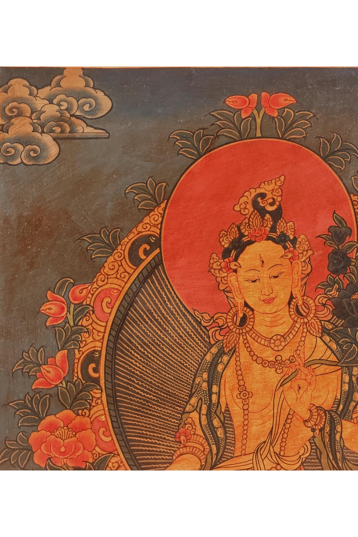 Semi-Old White Tara Thangka, Oil-Varnished Tibetan Buddhist Painting with Silk Brocade, Hand-Painted in Nepal