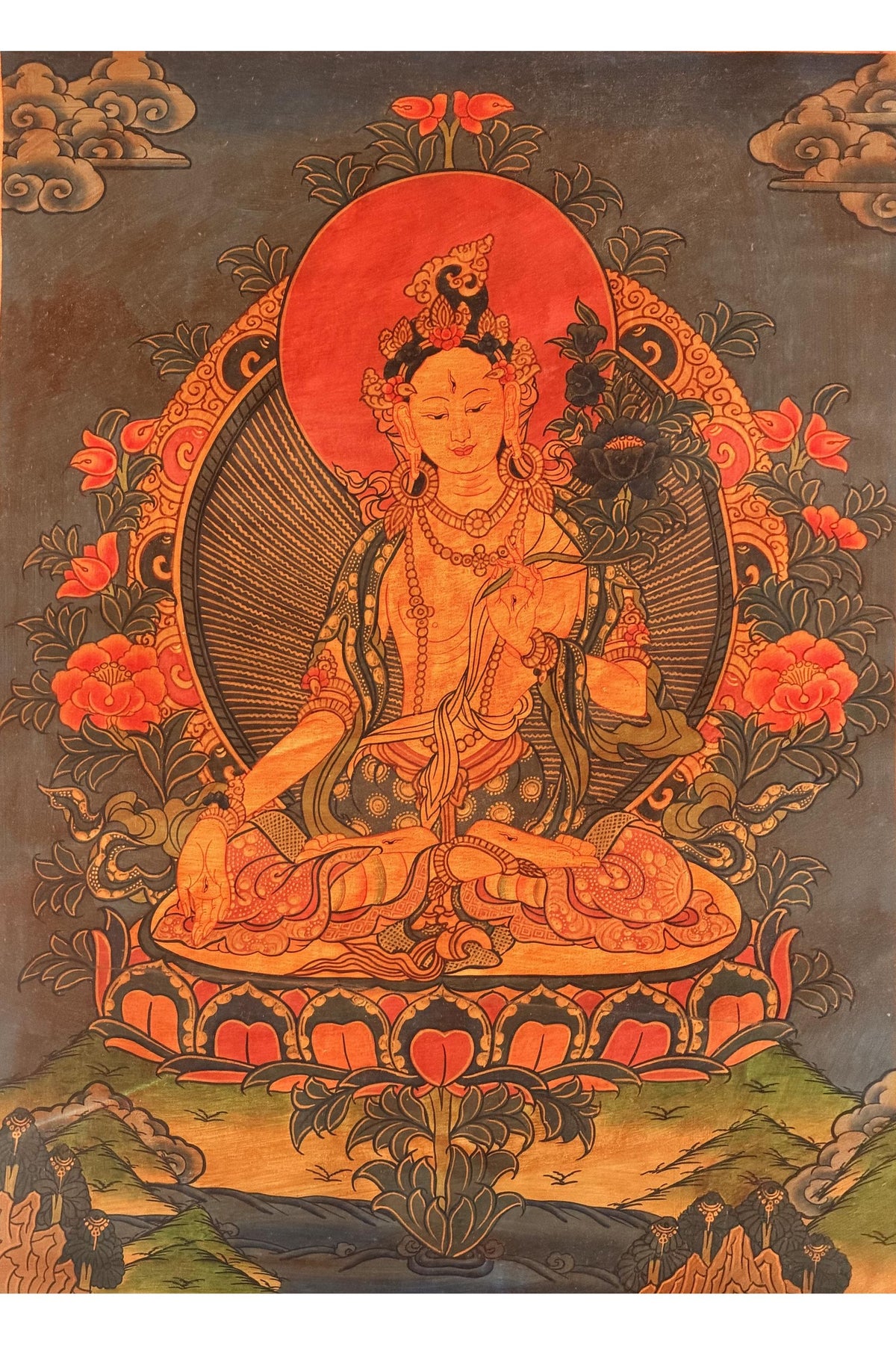 Semi-Old White Tara Thangka, Oil-Varnished Tibetan Buddhist Painting with Silk Brocade, Hand-Painted in Nepal