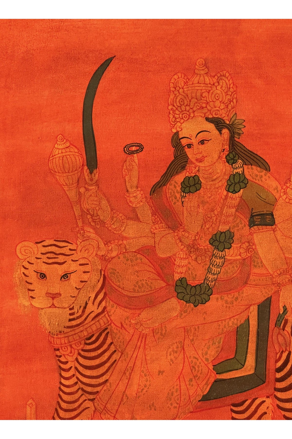Oil-Varnished Durga Thangka, Hand-Painted Hindu Goddess Art with Silk Brocade, Divine Mother Painting from Nepal