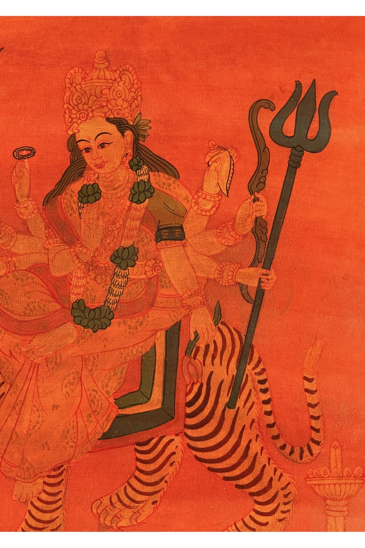 Oil-Varnished Durga Thangka, Hand-Painted Hindu Goddess Art with Silk Brocade, Divine Mother Painting from Nepal