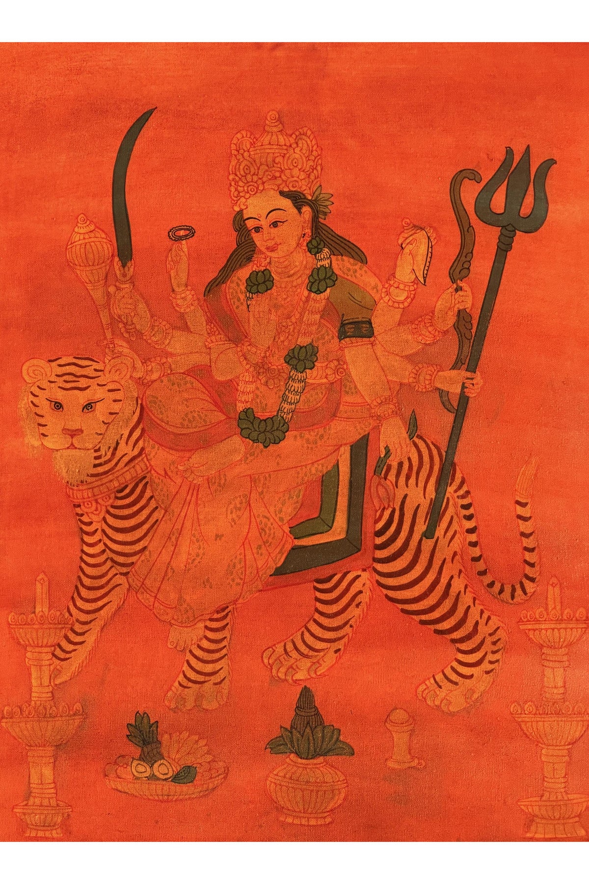 Oil-Varnished Durga Thangka, Hand-Painted Hindu Goddess Art with Silk Brocade, Divine Mother Painting from Nepal