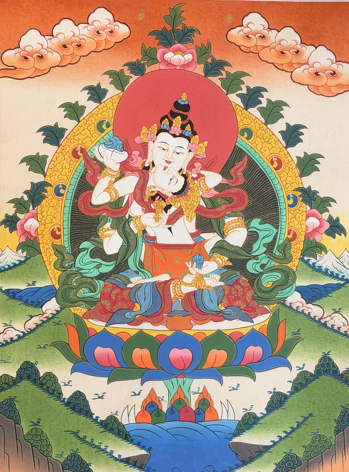 Vajrasattva Shakti Yab-Yum Thangka Painting, Tibetan Buddhist Tantric Art, Hand-Painted in Nepal