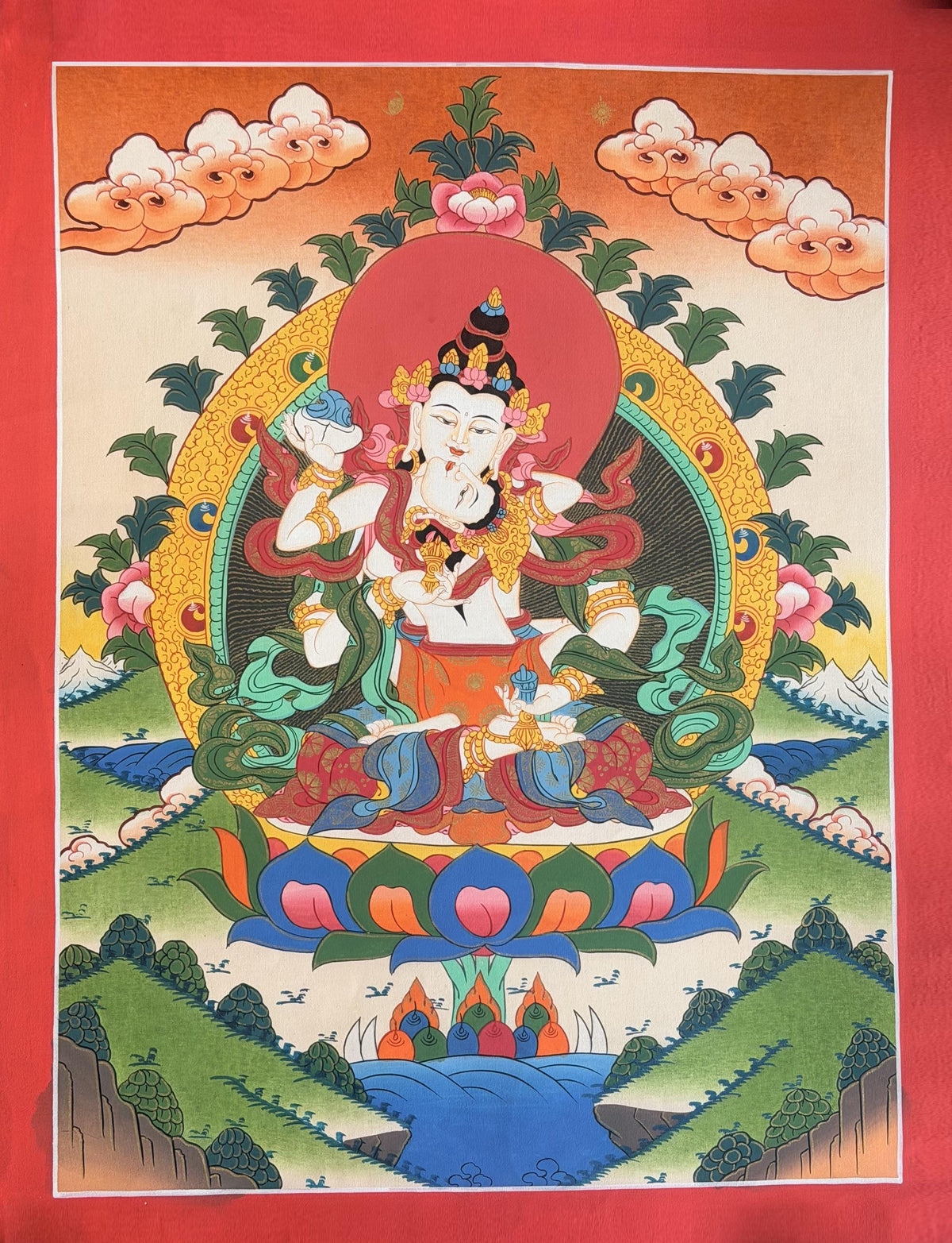 Vajrasattva Shakti Yab-Yum Thangka Painting, Tibetan Buddhist Tantric Art, Hand-Painted in Nepal