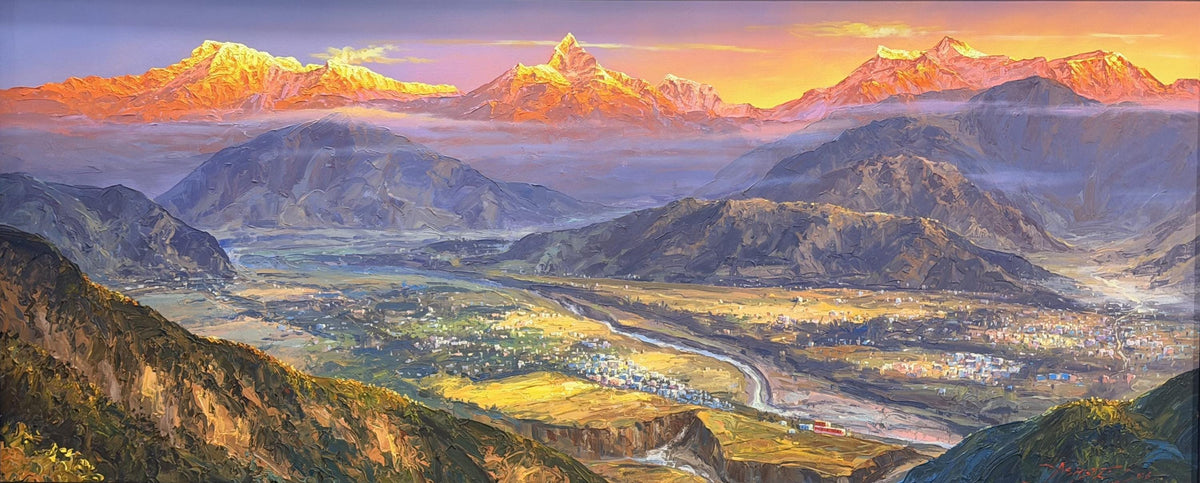 Annapurna Sunrise Acrylic Painting on Canvas, Pokhara Valley and Machhapuchhre, Panoramic Nepal Mountain Art, 30 x 72 Inches