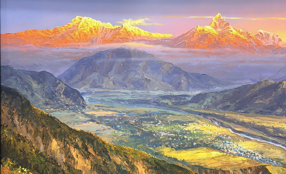 Annapurna Sunrise Acrylic Painting on Canvas, Pokhara Valley and Machhapuchhre, Panoramic Nepal Mountain Art, 30 x 72 Inches