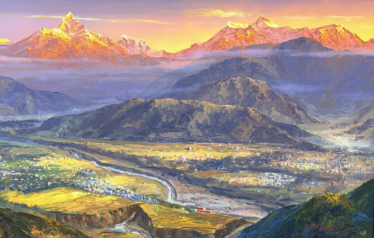 Annapurna Sunrise Acrylic Painting on Canvas, Pokhara Valley and Machhapuchhre, Panoramic Nepal Mountain Art, 30 x 72 Inches