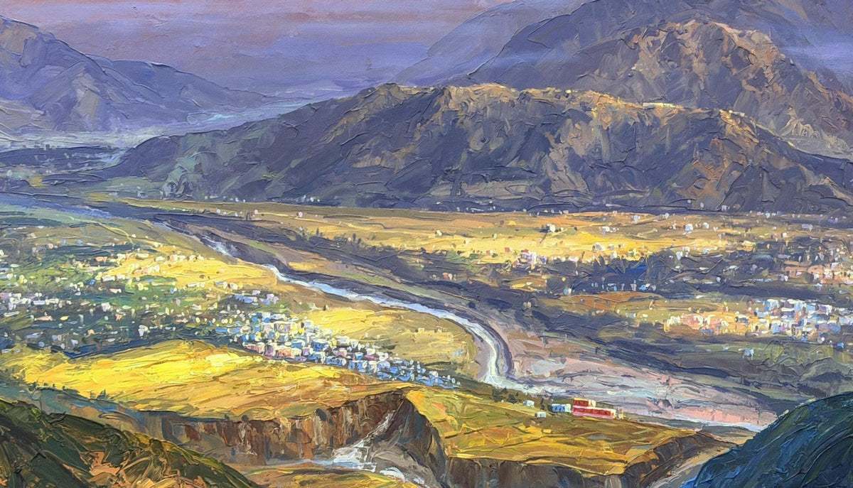 Annapurna Sunrise Acrylic Painting on Canvas, Pokhara Valley and Machhapuchhre, Panoramic Nepal Mountain Art, 30 x 72 Inches