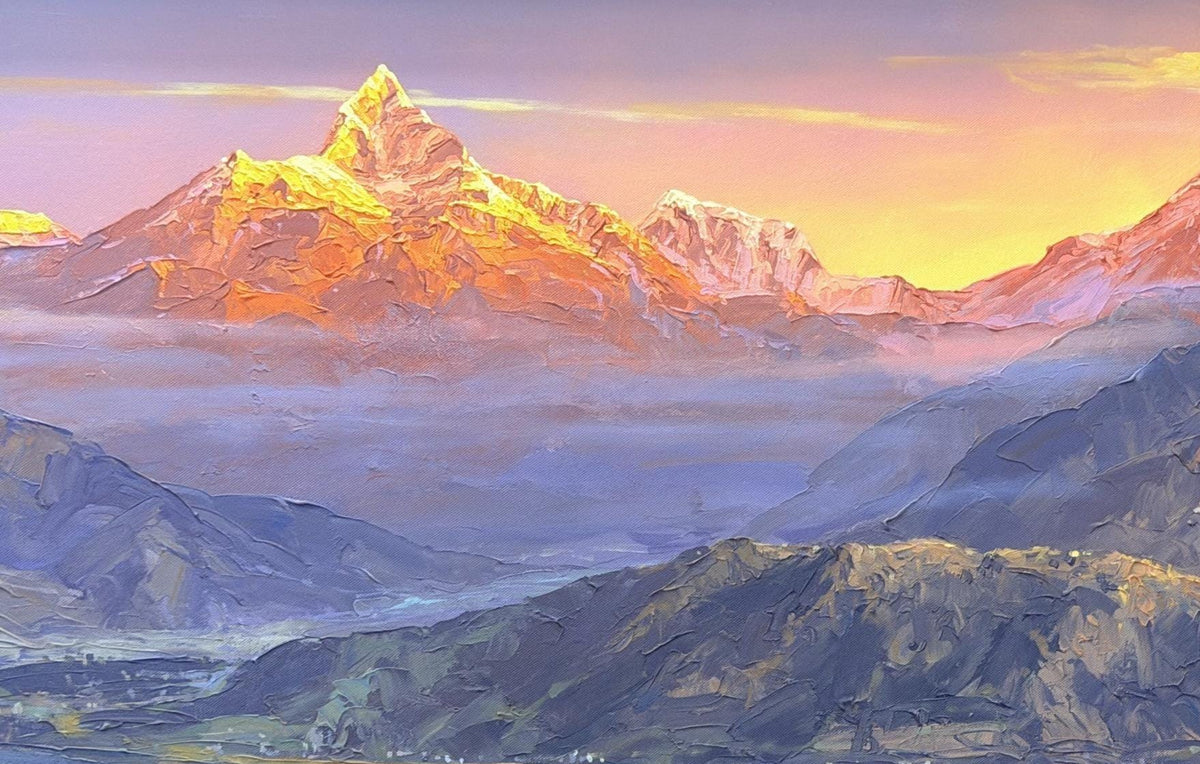 Annapurna Sunrise Acrylic Painting on Canvas, Pokhara Valley and Machhapuchhre, Panoramic Nepal Mountain Art, 30 x 72 Inches