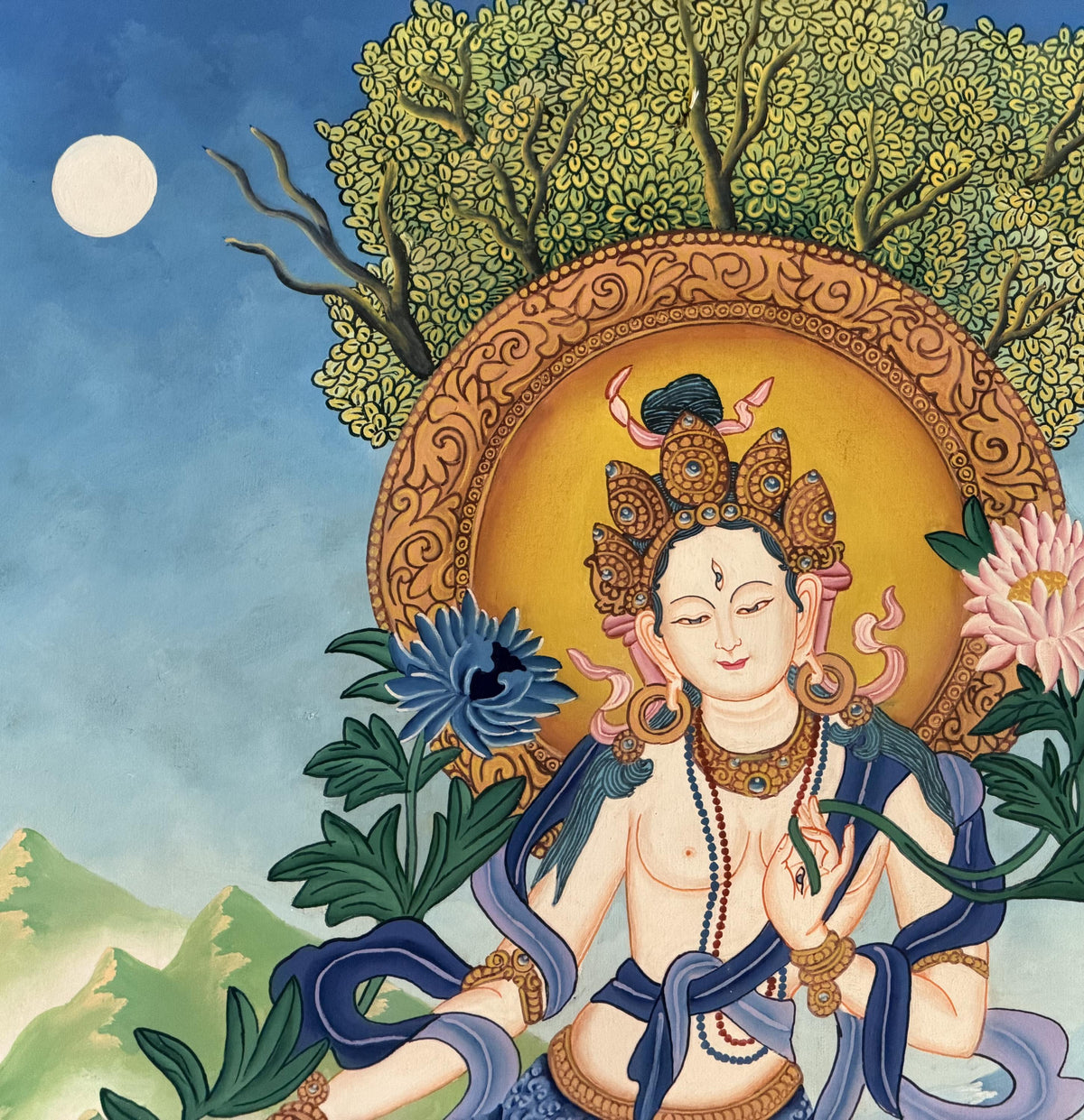 White Tara Newari Paubha Thangka, Hand-Painted Buddhist Art from Nepal, Silk Brocade Option