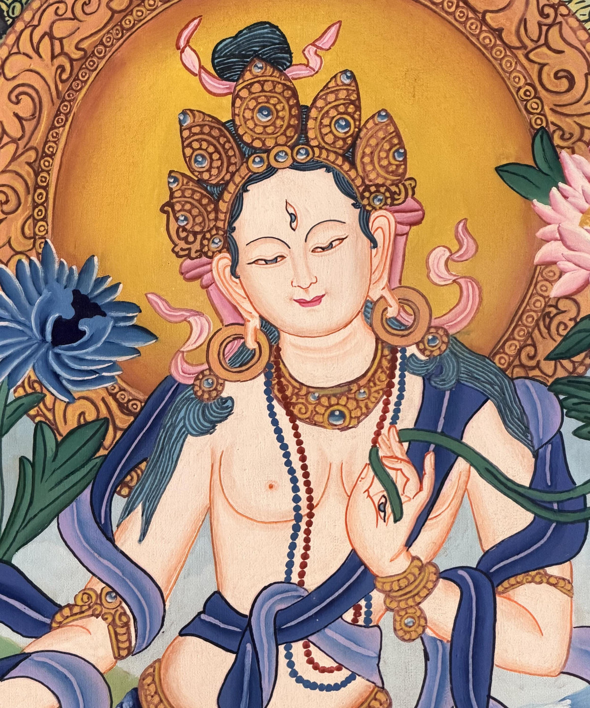 White Tara Newari Paubha Thangka, Hand-Painted Buddhist Art from Nepal, Silk Brocade Option