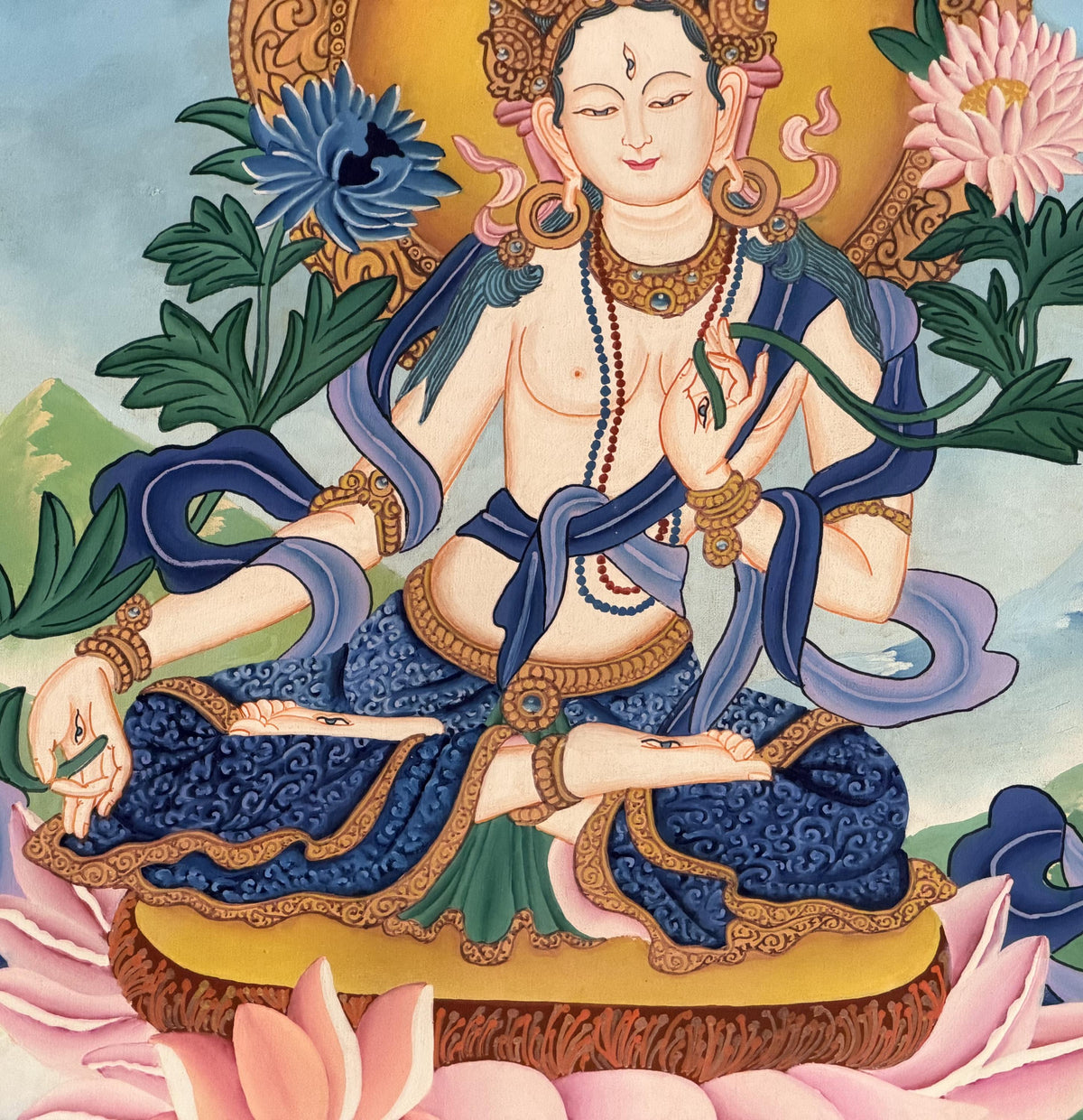 White Tara Newari Paubha Thangka, Hand-Painted Buddhist Art from Nepal, Silk Brocade Option