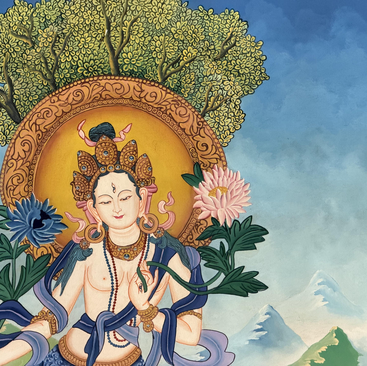 White Tara Newari Paubha Thangka, Hand-Painted Buddhist Art from Nepal, Silk Brocade Option