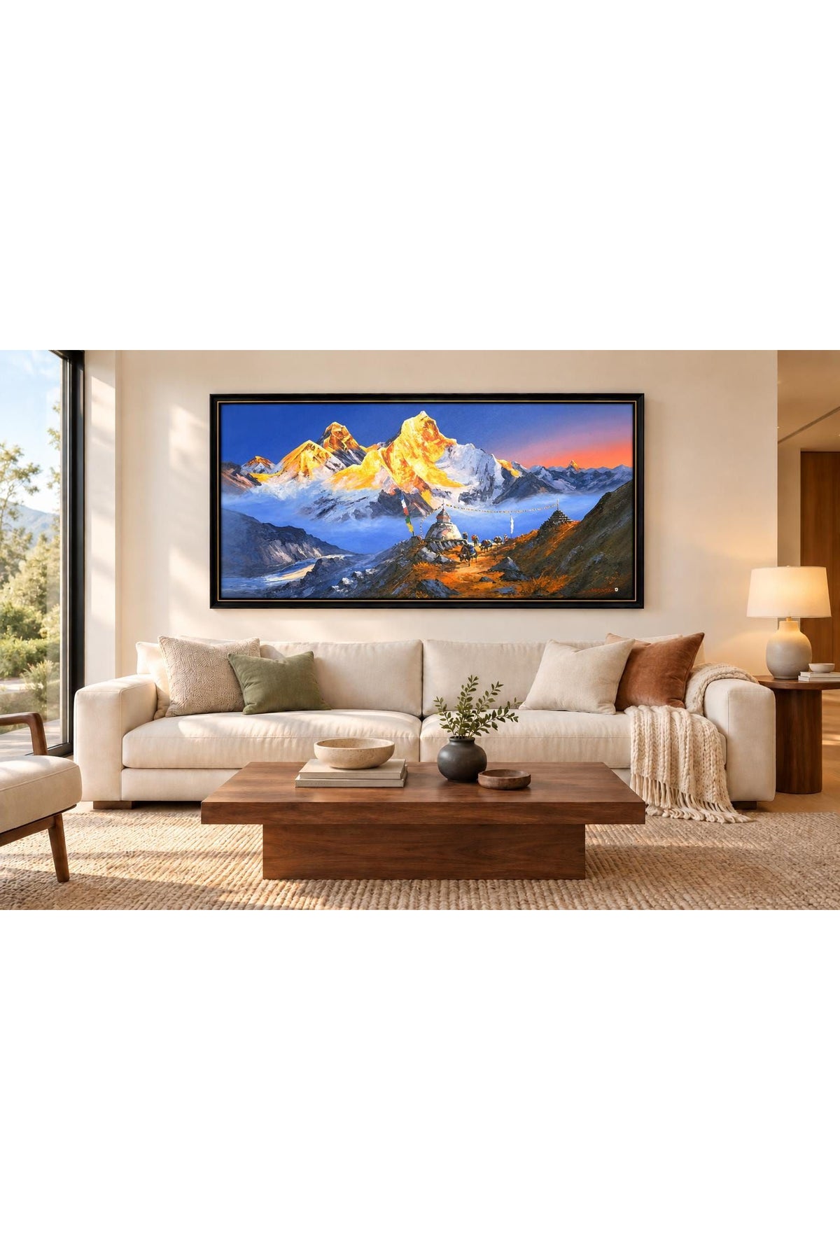 Mount Everest Sunrise Acrylic Painting on Canvas, Himalayan Landscape with Buddhist Stupa, 36 x 60 Inches