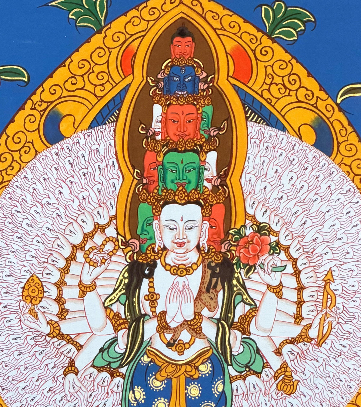 1000 Armed Avalokiteshvara Thangka with Silk Brocade | Sahasrabhuja Chenrezig Buddhist Compassion Art | Hand Painted Nepal
