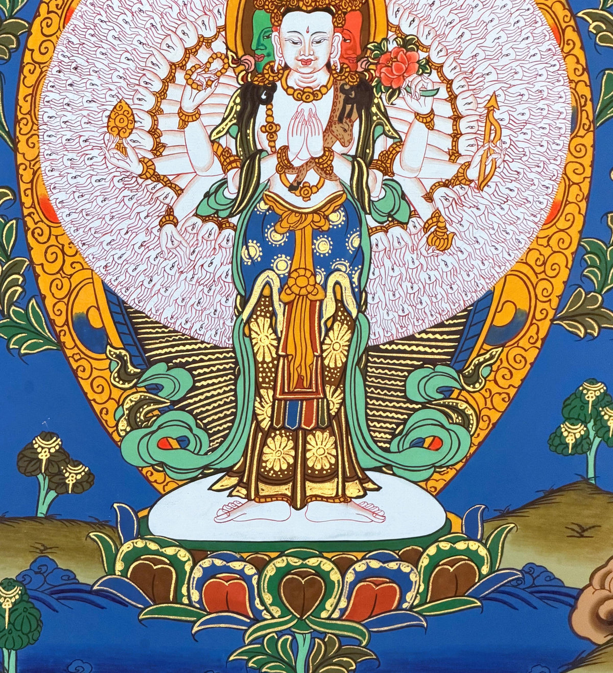 1000 Armed Avalokiteshvara Thangka with Silk Brocade | Sahasrabhuja Chenrezig Buddhist Compassion Art | Hand Painted Nepal