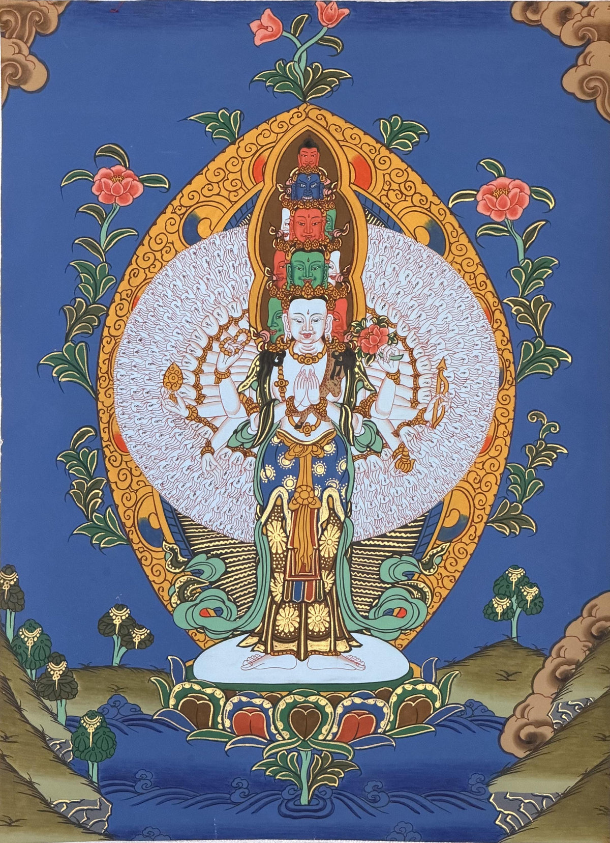 1000 Armed Avalokiteshvara Thangka with Silk Brocade | Sahasrabhuja Chenrezig Buddhist Compassion Art | Hand Painted Nepal