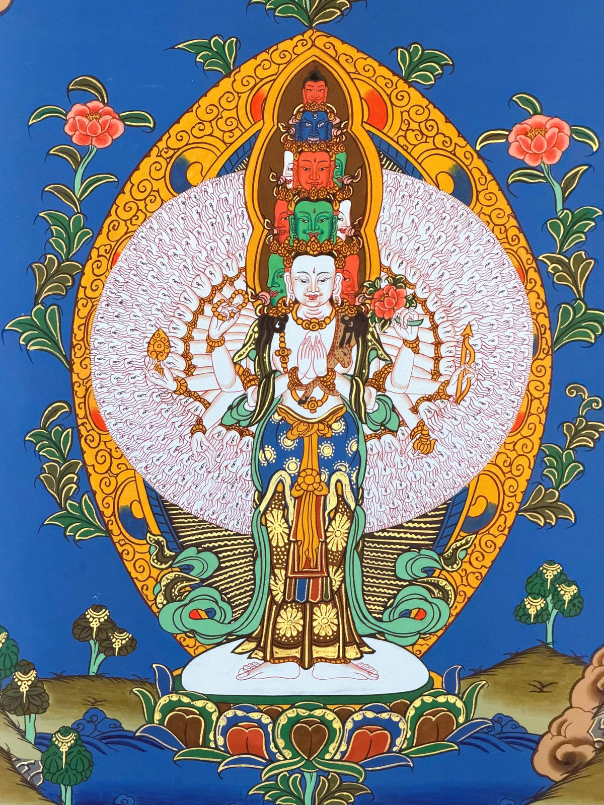 1000 Armed Avalokiteshvara Thangka with Silk Brocade | Sahasrabhuja Chenrezig Buddhist Compassion Art | Hand Painted Nepal