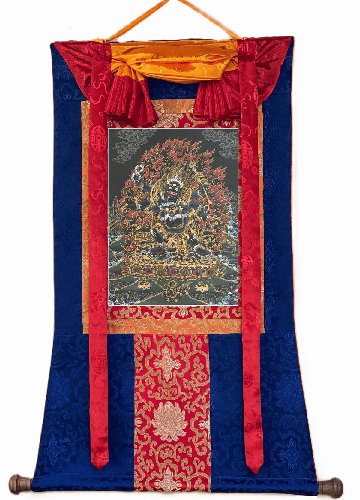 Six-Armed Black Mahakala Thangka | Tibetan Buddhist Protector Painting | Silk Brocade Wall Art | Hand-Painted in Nepal