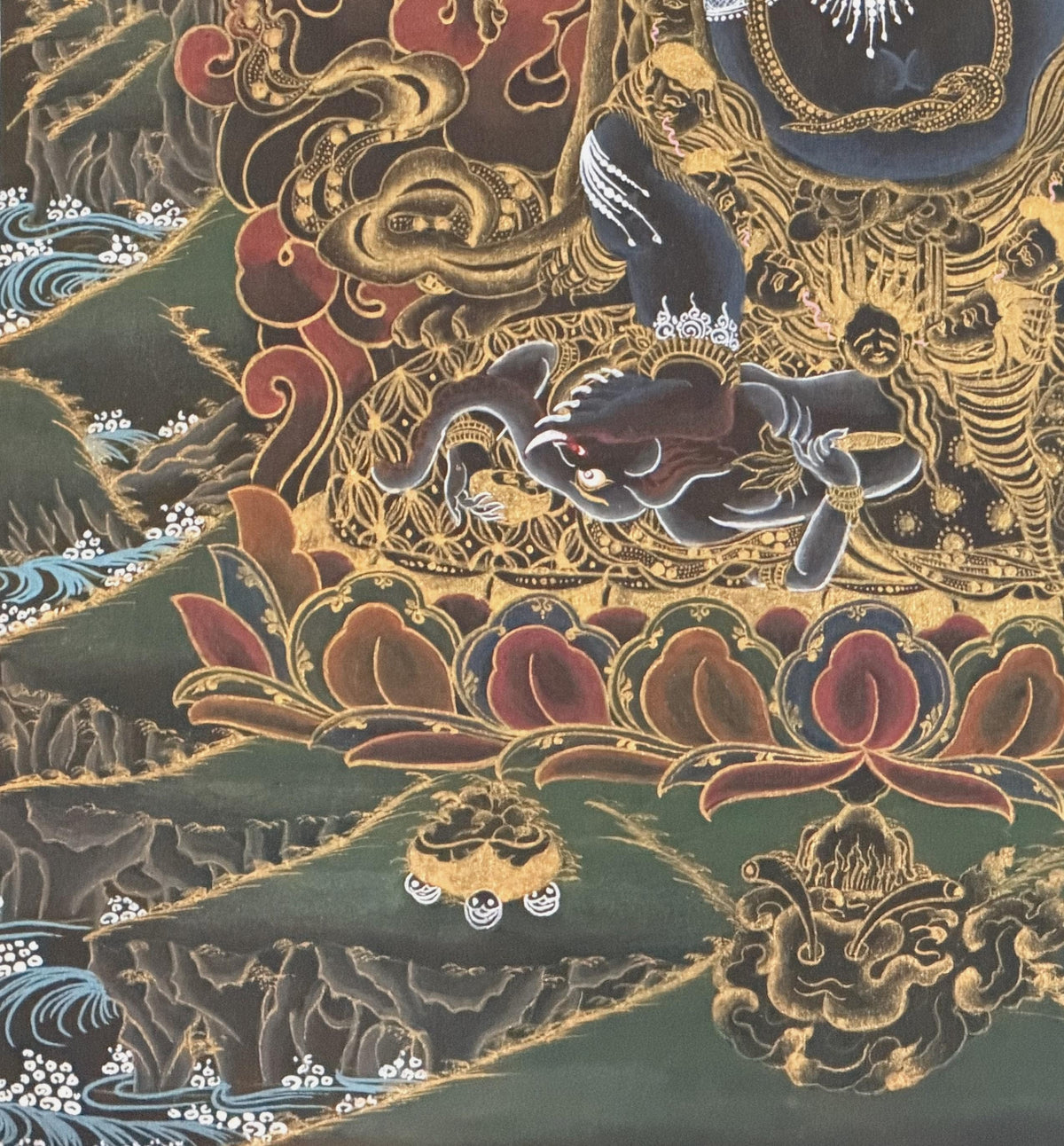 Six-Armed Black Mahakala Thangka | Tibetan Buddhist Protector Painting | Silk Brocade Wall Art | Hand-Painted in Nepal