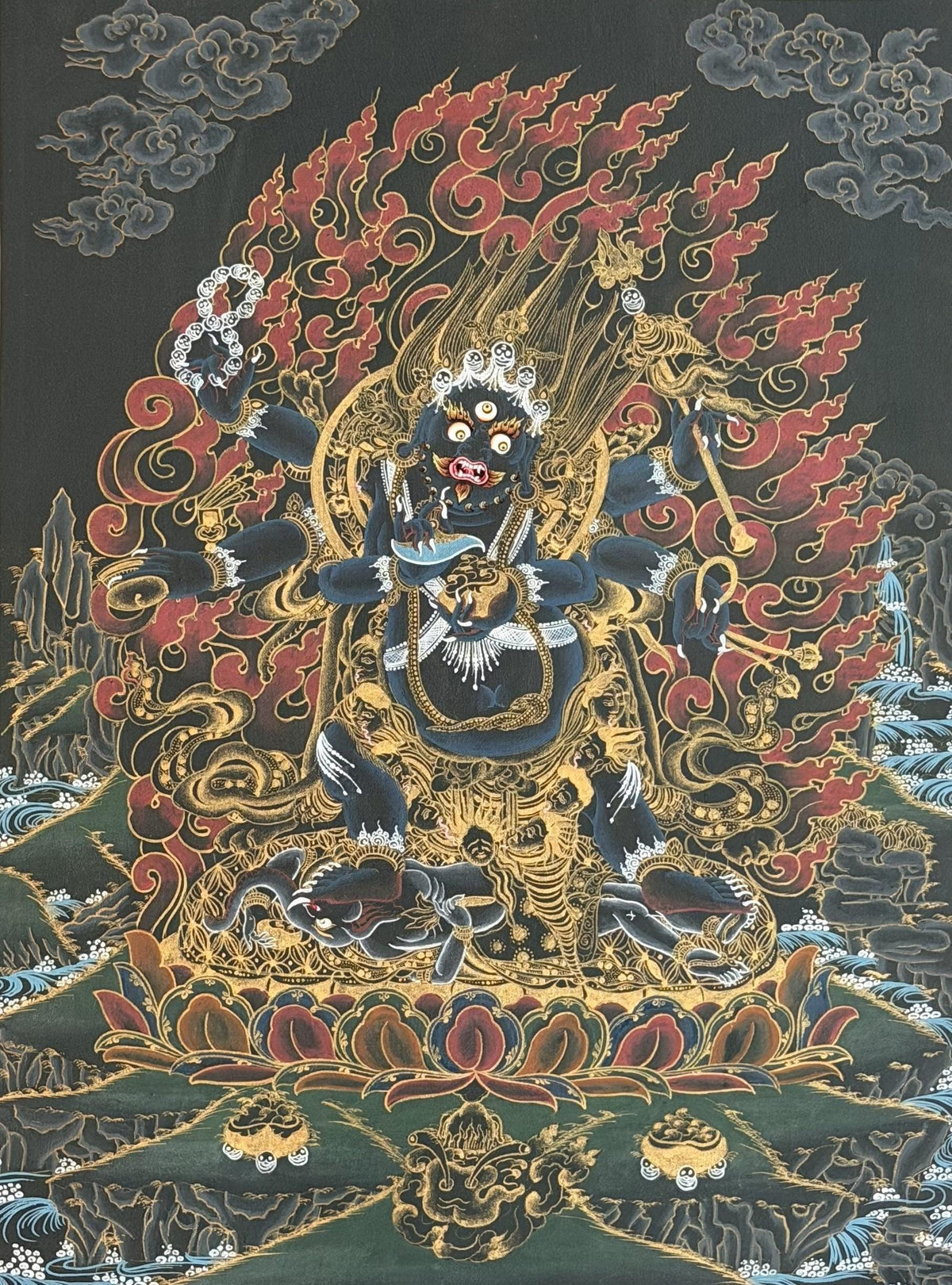 Six-Armed Black Mahakala Thangka | Tibetan Buddhist Protector Painting | Silk Brocade Wall Art | Hand-Painted in Nepal